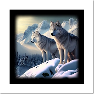 Wolves Wolf White Snow Mountains Posters and Art